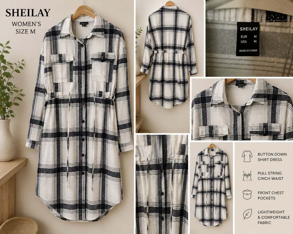 SHEILAY Women's Plaid Button-Down Shirt Dress with Cinch Waist, Size M